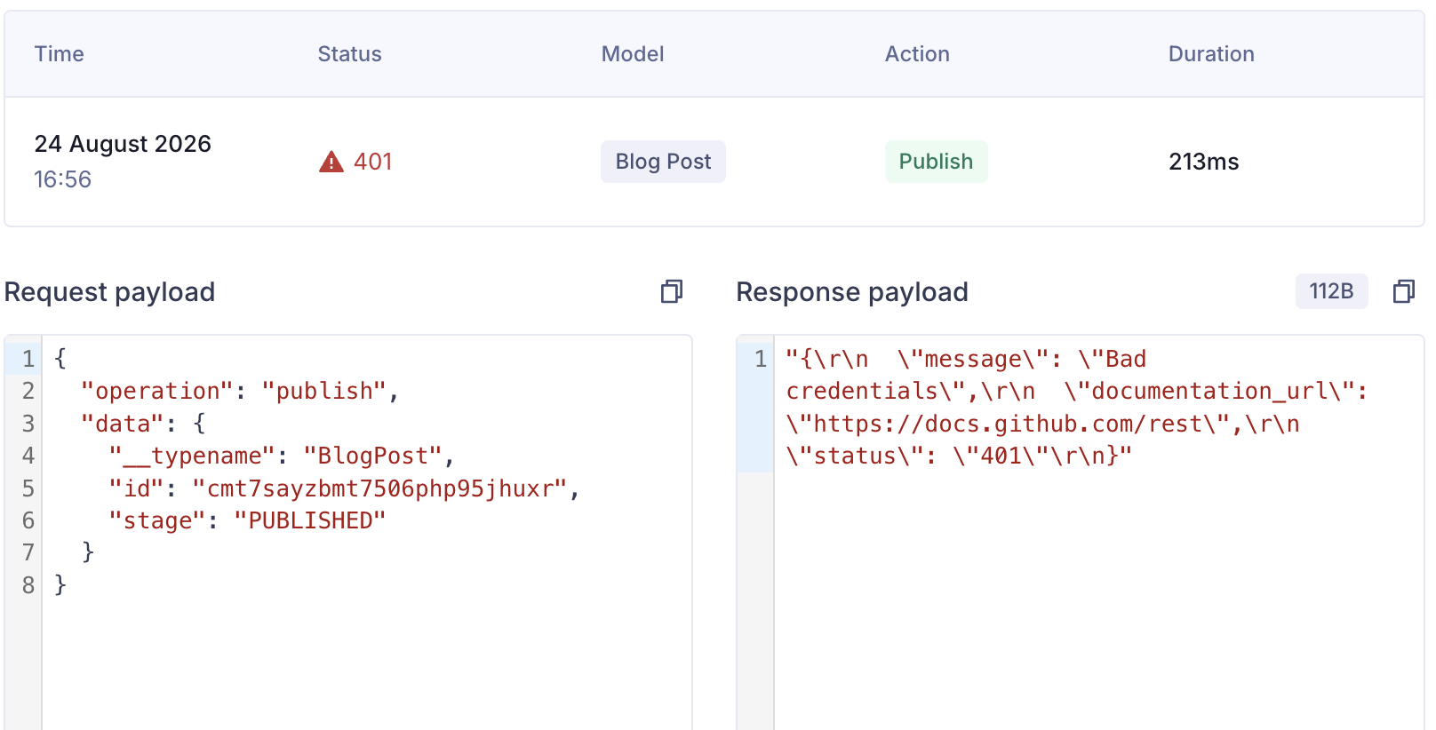 GitHub rejecting the webhook with a 401 Bad credentials error