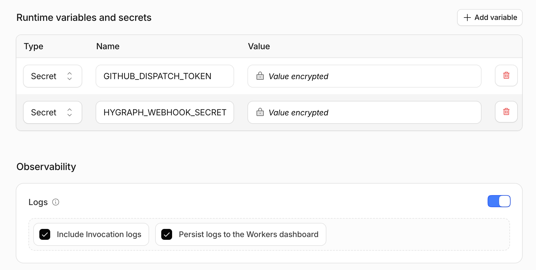 GITHUB_DISPATCH_TOKEN and HYGRAPH_WEBHOOK_SECRET added under Runtime variables and secrets in the Cloudflare dashboard